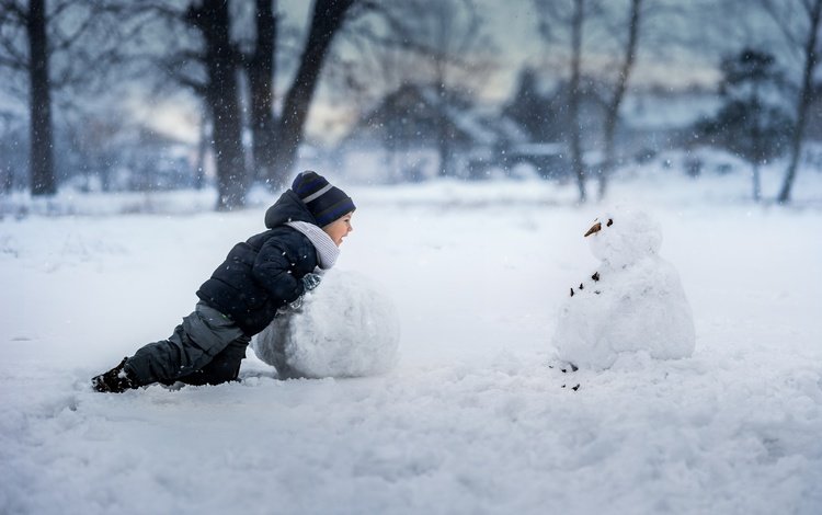 снег, зима, дети, радость, снеговик, мальчик, snow, winter, children, joy, snowman, boy