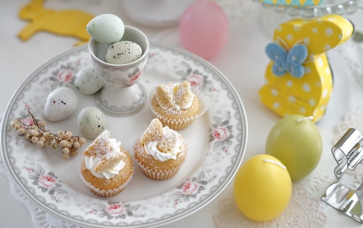 свечи, пасха, яйца, зайчик, пирожные, сервировка, candles, easter, eggs, bunny, cakes, serving