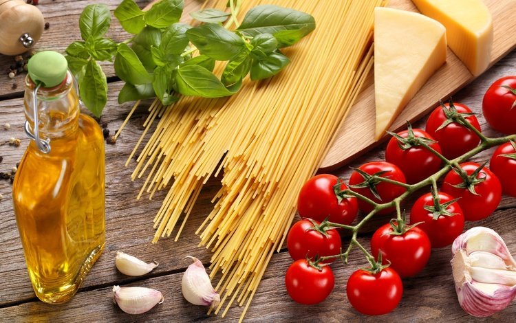зелень, доска, сыр, масло, помидоры, чеснок, макароны, greens, board, cheese, oil, tomatoes, garlic, pasta