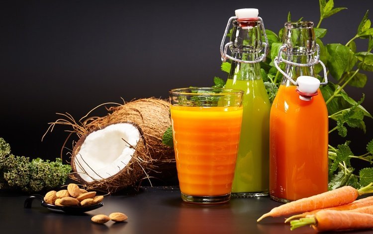 зелень, орехи, фон, напиток, морковь, кокос, сок, greens, nuts, background, drink, carrots, coconut, juice
