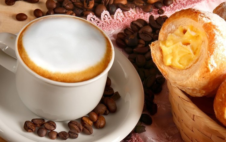 зерна, кофе, чашка, капучино, пенка, пирожное, круассан, grain, coffee, cup, cappuccino, foam, cake, croissant