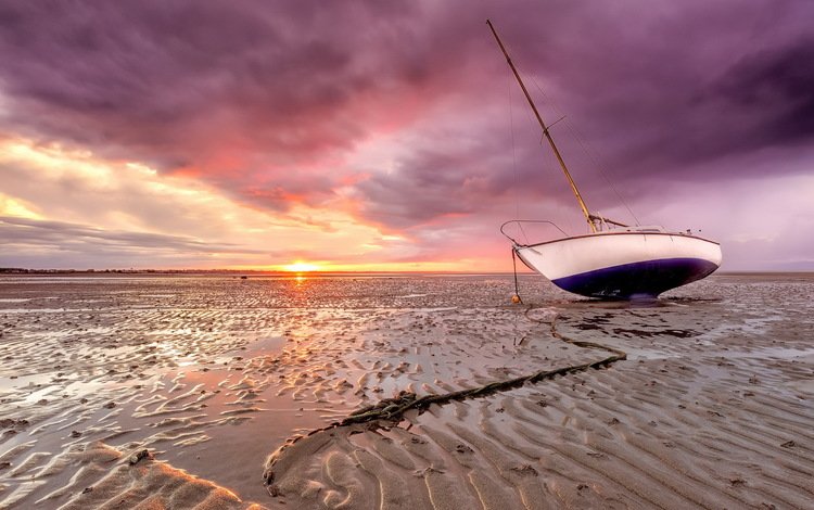 берег, закат, песок, лодка, мель, shore, sunset, sand, boat, stranded