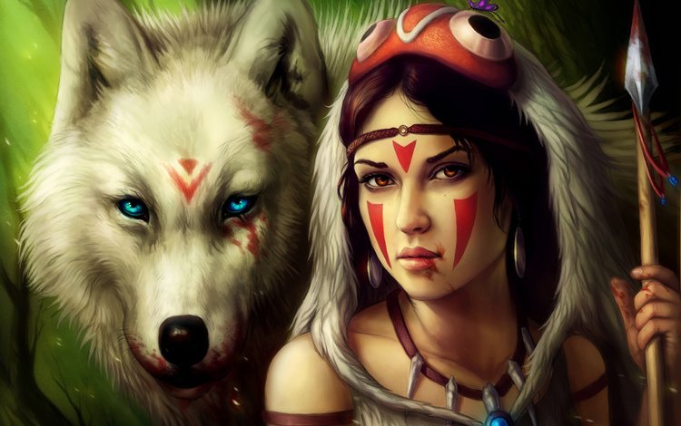 девушка, кровь, взгляд, волосы, волк, принцесса мононоке, girl, blood, look, hair, wolf, princess mononoke