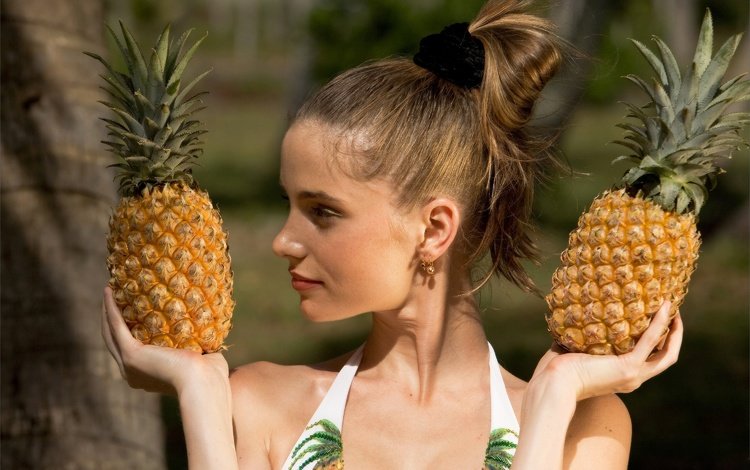 девушка, взгляд, профиль, волосы, лицо, ананасы, girl, look, profile, hair, face, pineapples