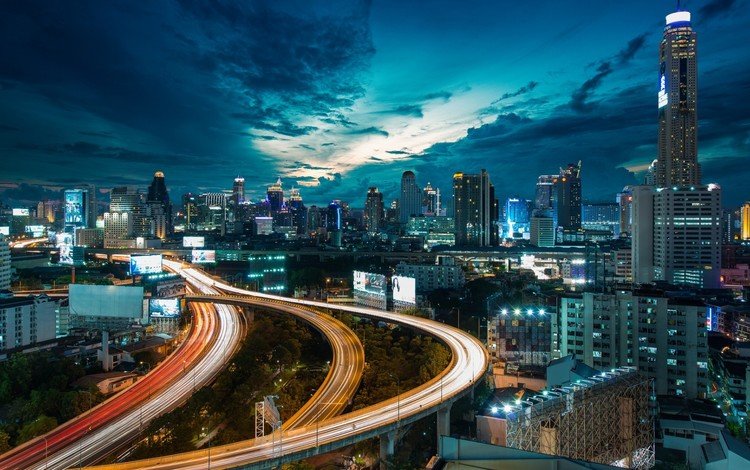 дорога, ночь, огни, здания, таиланд, высотки, бангкок, road, night, lights, building, thailand, skyscrapers, bangkok