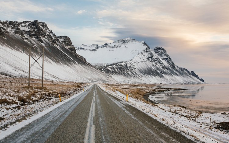 дорога, облака, озеро, горы, зима, road, clouds, lake, mountains, winter