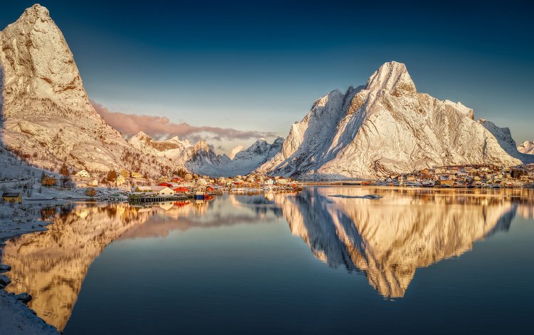 горы, отражение, деревня, норвегия, рейне, reine, mountains, reflection, village, norway, the rhine