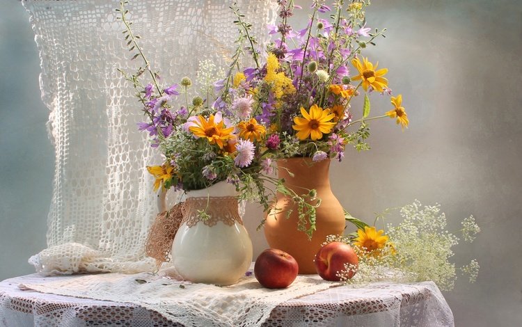 цветы, лето, фрукты, букет, кувшин, нектарин, flowers, summer, fruit, bouquet, pitcher, nectarine