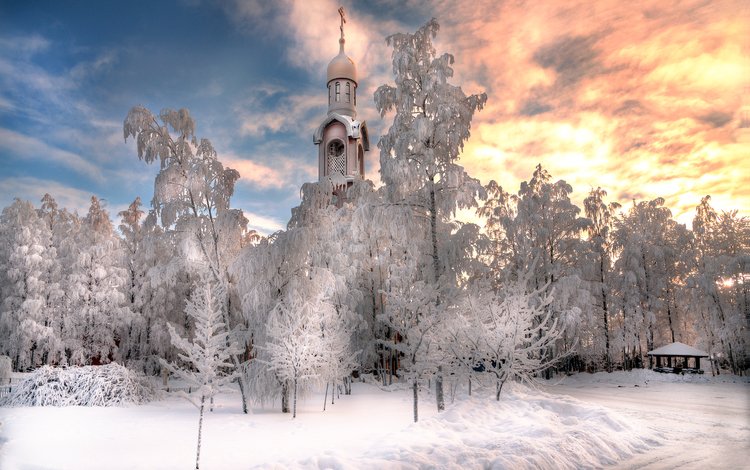 небо, деревья, снег, храм, зима, россия, санкт-петербург, the sky, trees, snow, temple, winter, russia, saint petersburg