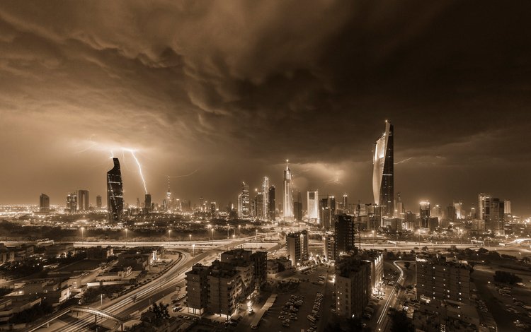 небо, гроза, ночь, шторм, кувейт, огни, эль-кувейт, вечер, буря, небоскребы, дома, молнии, the sky, the storm, night, kuwait, lights, the evening, storm, skyscrapers, home, zipper