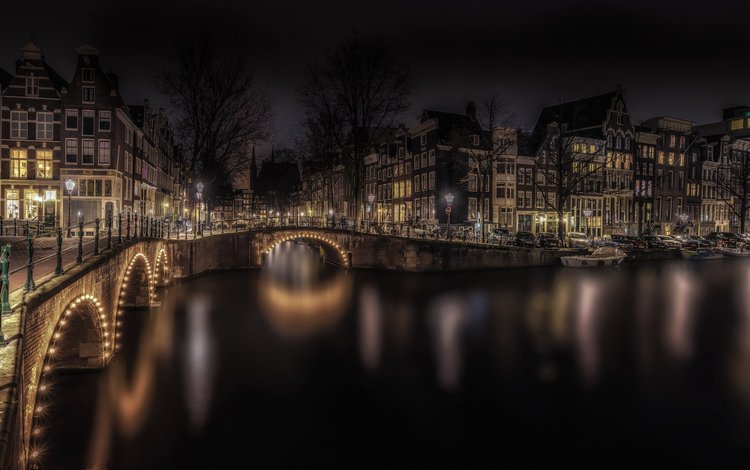 ночь, огни, мост, дома, нидерланды, амстердам, night, lights, bridge, home, netherlands, amsterdam