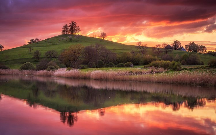 озеро, природа, закат, отражение, весна, холм, lake, nature, sunset, reflection, spring, hill