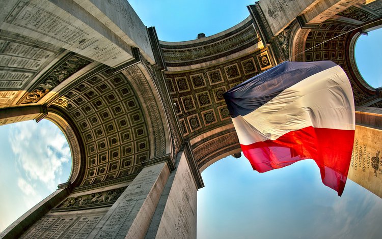 париж, флаг, триумфальная арка, колонны, франция, paris, flag, arch, columns, france