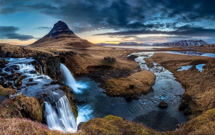 река, гора, водопад, исландия, полуостров, киркьюфетль, river, mountain, waterfall, iceland, the peninsula, kirkjufell