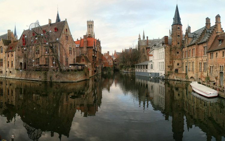 река, отражение, лодка, дома, бельгия, брюгге, river, reflection, boat, home, belgium, bruges