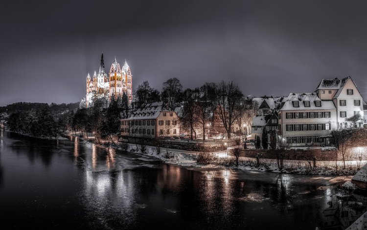река, зима, собор, германия, лимбург, лимбургский собор, river, winter, cathedral, germany, limburg