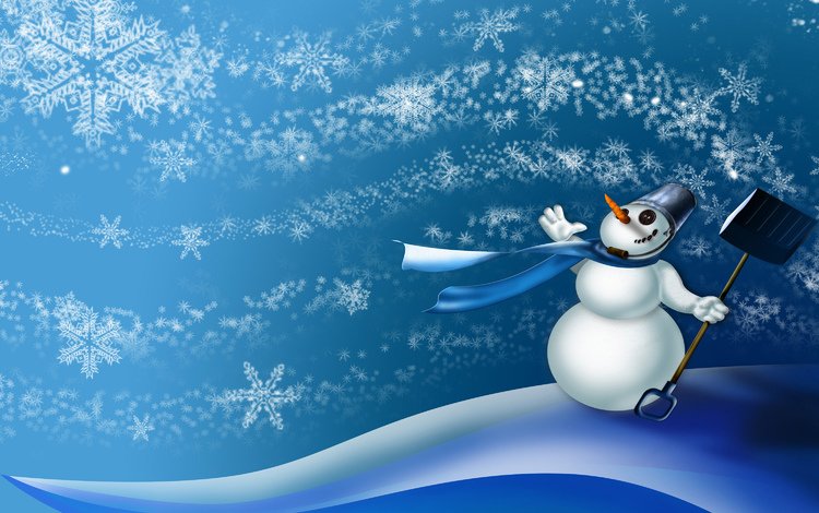 новый год, снежинки, снеговик, ветер, сугробы, лопата, ведро, шарф, new year, snowflakes, snowman, the wind, the snow, shovel, bucket, scarf