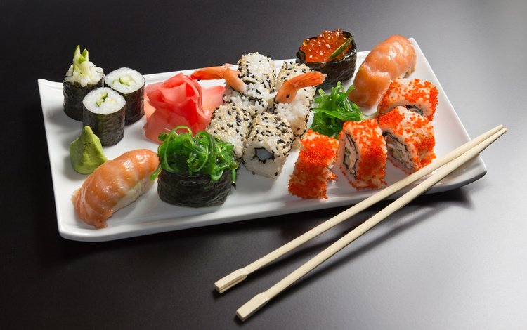 тарелка, икра, палочки, рис, суши, морепродукты, креветки, ролы, plate, caviar, sticks, figure, sushi, seafood, shrimp, rolls