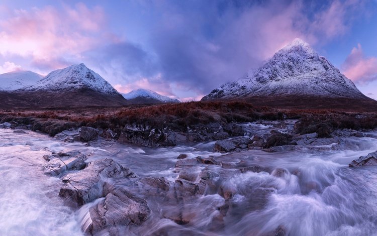 вечер, река, горы, снег, камни, шотландия, течение, the evening, river, mountains, snow, stones, scotland, for