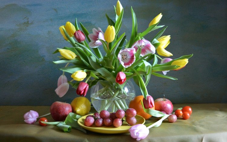 цветы, виноград, фрукты, лимон, букет, тюльпаны, апельсин, яблоко, flowers, grapes, fruit, lemon, bouquet, tulips, orange, apple