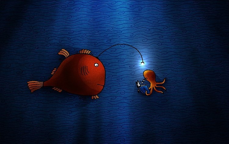 вода, осьминог, лампочка, рыбка, книга, подводный мир, water, octopus, light bulb, fish, book, underwater world