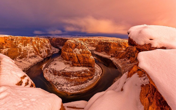 закат, зима, каньон, сша, глен-каньон, штат аризона, sunset, winter, canyon, usa, glen canyon, arizona