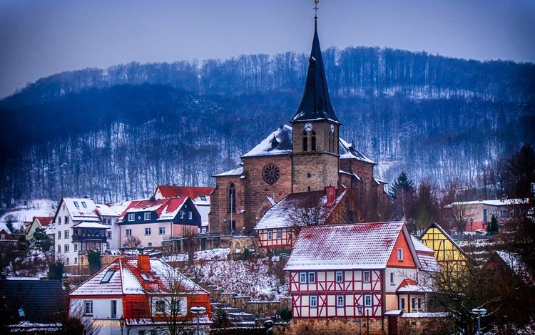 зима, пейзаж, дома, церковь, германия, тюрингия, winter, landscape, home, church, germany, thuringia