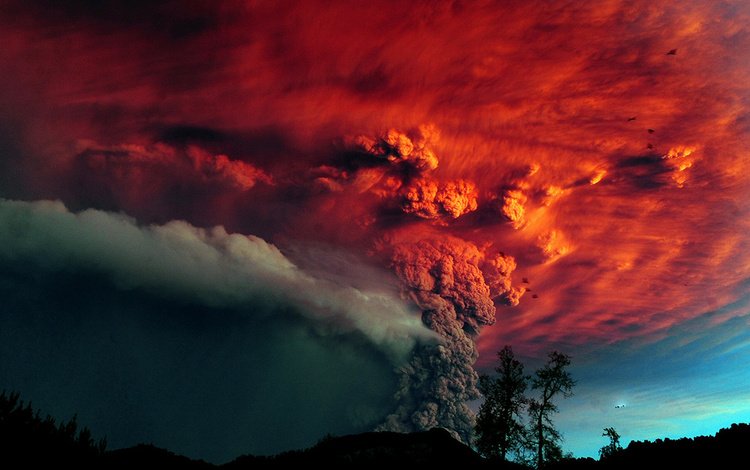 деревья, дым, извержение, вулкан, пепел, чили, красное небо, вулкан пуйеуэ, trees, smoke, the eruption, the volcano, ash, chile, red sky, the volcano puyehue