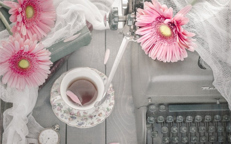 цветы, лепестки, часы, чай, герберы, книга, печатная машинка, flowers, petals, watch, tea, gerbera, book, typewriter