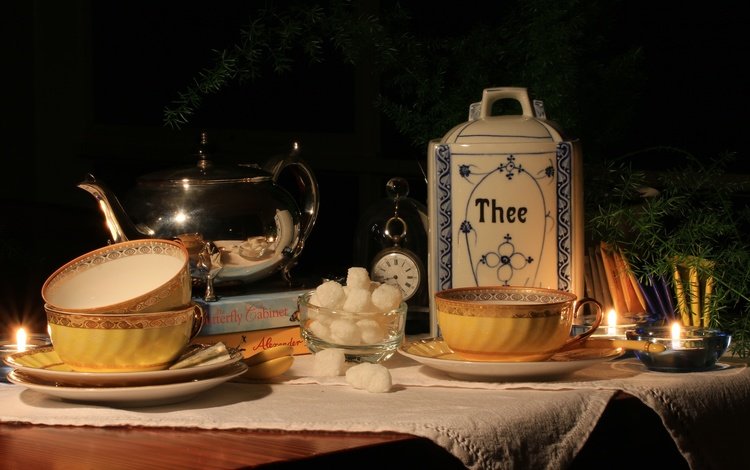 чашка, чай, свеча, чайник, сахар, натюрморт, cup, tea, candle, kettle, sugar, still life