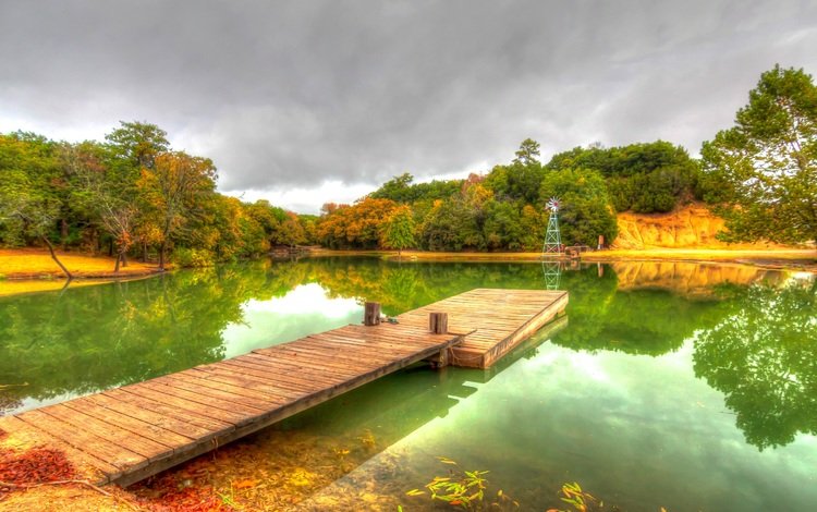 деревья, вода, отражение, парк, осень, причал, пруд, trees, water, reflection, park, autumn, pier, pond