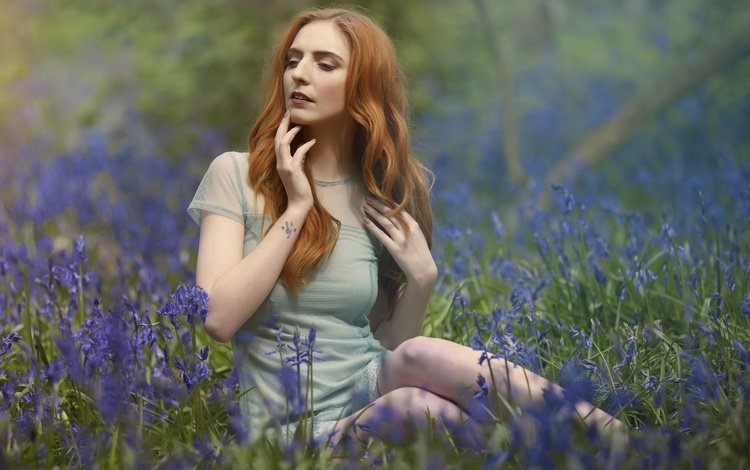 цветы, девушка, луг, колокольчики, боке, рыжеволосая, flowers, girl, meadow, bells, bokeh, redhead