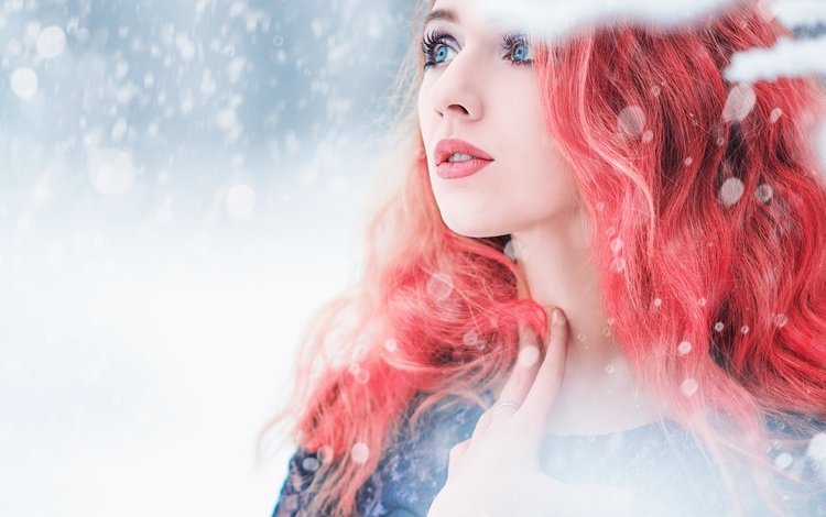 глаза, снег, зима, девушка, портрет, взгляд, лицо, красные волосы, eyes, snow, winter, girl, portrait, look, face, red hair