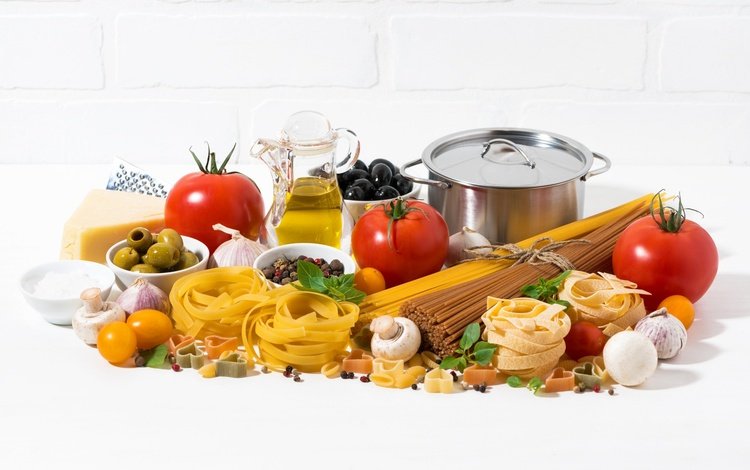 перец, грибы, специи, сыр, паста, масло, овощи, яйца, помидор, кастрюля, оливки, pepper, mushrooms, spices, cheese, pasta, oil, vegetables, eggs, tomato, pan, olives