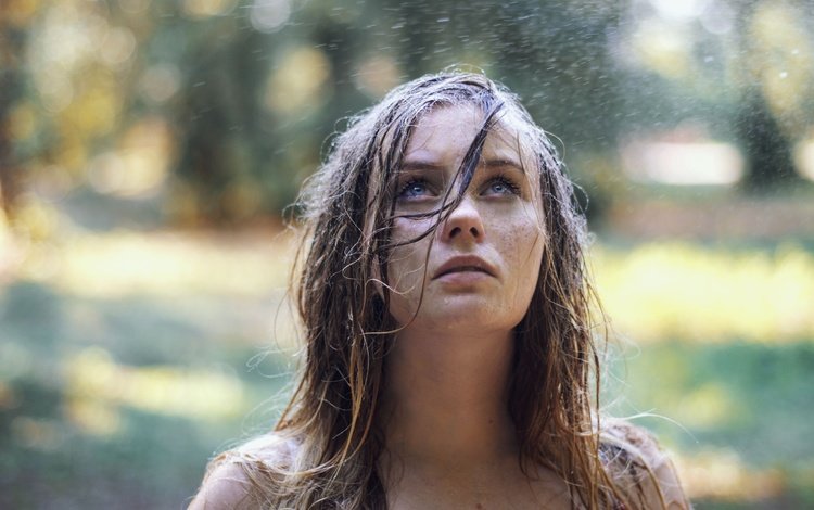 девушка, капли, взгляд, дождь, волосы, лицо, girl, drops, look, rain, hair, face