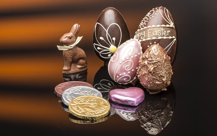 отражение, конфеты, пасха, шоколад, монеты, заяц, яйцо, reflection, candy, easter, chocolate, coins, hare, egg