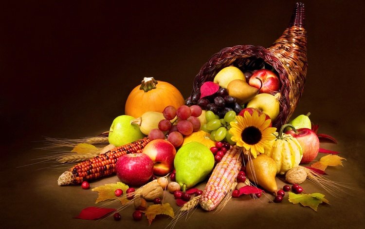 листья, овощи, орехи, тыква, виноград, груши, ягода, фрукты, яблоки, кукуруза, корзина, leaves, vegetables, nuts, pumpkin, grapes, pear, berry, fruit, apples, corn, basket