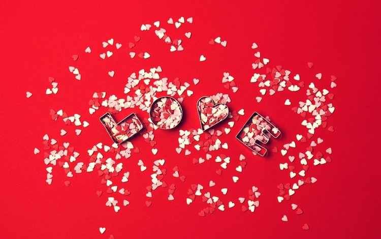 любовь, сердечки, красный фон, день святого валентина, конфетти, love, hearts, red background, valentine's day, confetti