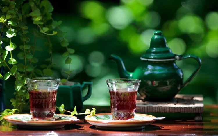 зелень, напиток, стол, чай, стаканы, чайник, greens, drink, table, tea, glasses, kettle