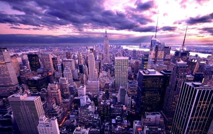 небо, нью-йорк, облака, здания, восход, сумерки, город, небоскребы, мегаполис, дома, сша, the sky, new york, clouds, building, sunrise, twilight, the city, skyscrapers, megapolis, home, usa