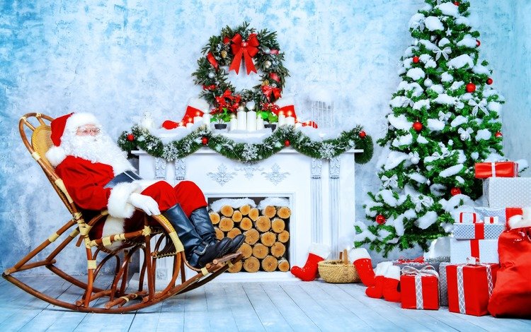 новый год, поленья, елка, подарки, кресло, камин, праздник, гирлянда, санта клаус, new year, logs, tree, gifts, chair, fireplace, holiday, garland, santa claus