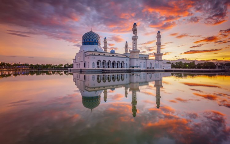 облака, закат, отражение, мечеть, малайзия, сабах, кота-кинабалу, clouds, sunset, reflection, mosque, malaysia, sabah, kota kinabalu