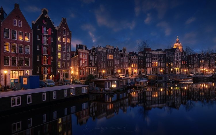 огни, вечер, город, канал, нидерланды, амстердам, lights, the evening, the city, channel, netherlands, amsterdam