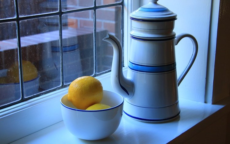 окно, чайник, натюрморт, лимоны, цитрусы, пиала, window, kettle, still life, lemons, citrus, bowl