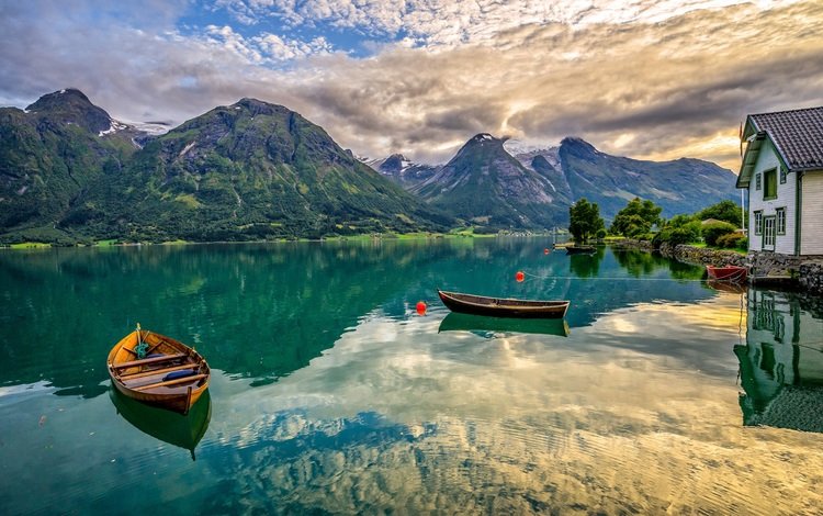 озеро, горы, лодки, дом, норвегия, lake, mountains, boats, house, norway