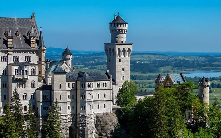 панорама, замок, стены, башни, германия, нойшванштайн, panorama, castle, wall, tower, germany, neuschwanstein