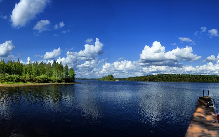 небо, облака, деревья, река, природа, панорама, лодка, канада, the sky, clouds, trees, river, nature, panorama, boat, canada