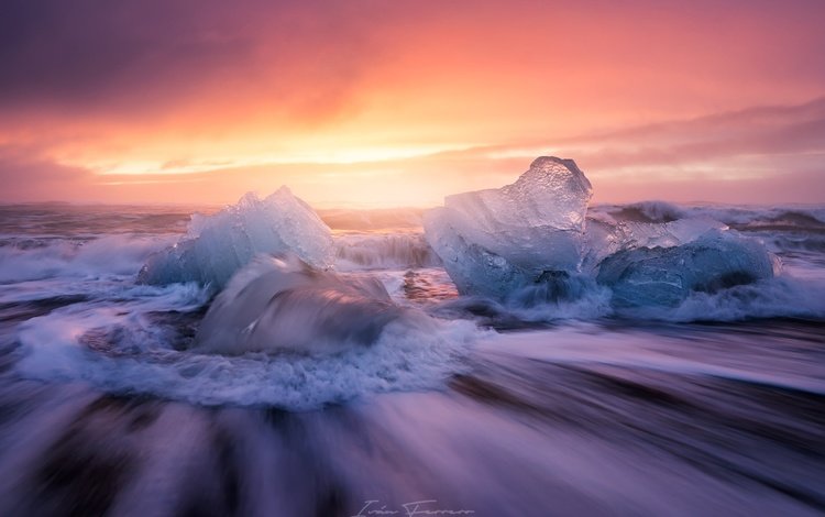 небо, природа, закат, пляж, лёд, исландия, выдержка, the sky, nature, sunset, beach, ice, iceland, excerpt