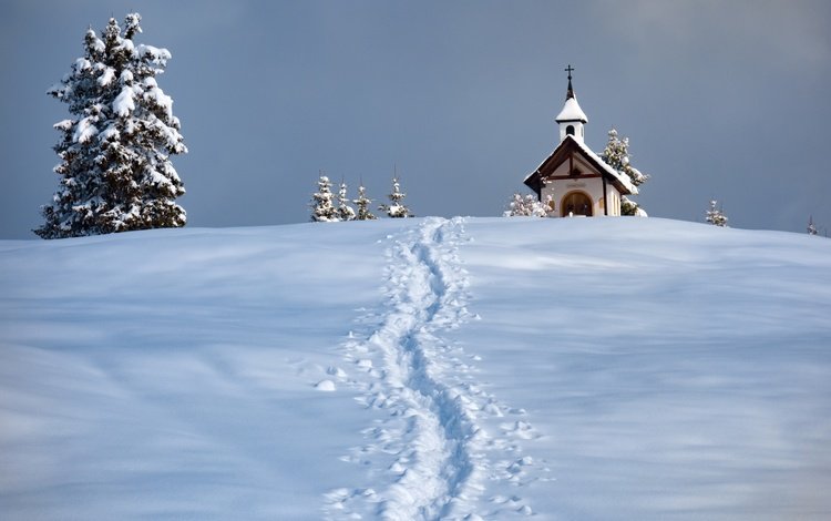 снег, зима, церковь, следы, ели, часовня, snow, winter, church, traces, ate, chapel