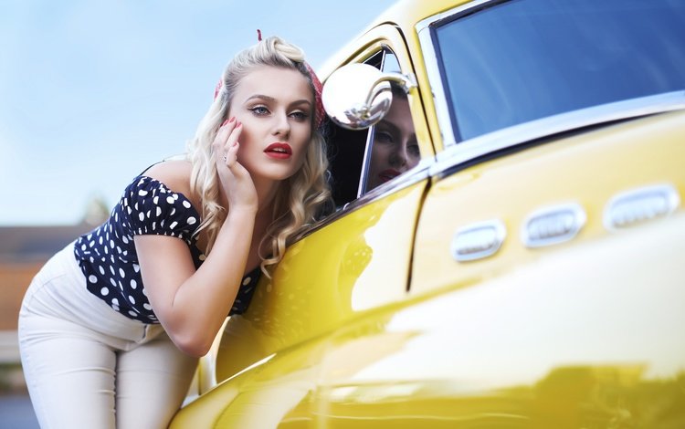 стиль, девушка, блондинка, взгляд, зеркало, волосы, автомобиль, style, girl, blonde, look, mirror, hair, car